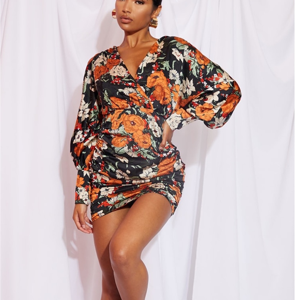 PLT Floral Satin Long Sleeve Plunge Dress